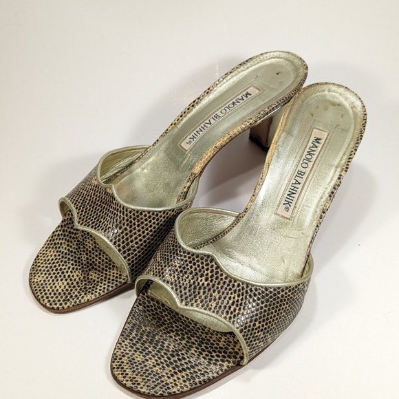 Manolo Blahnik Lizard Roccia Pattern Natural Leather Sandles - Picture 7 of 9